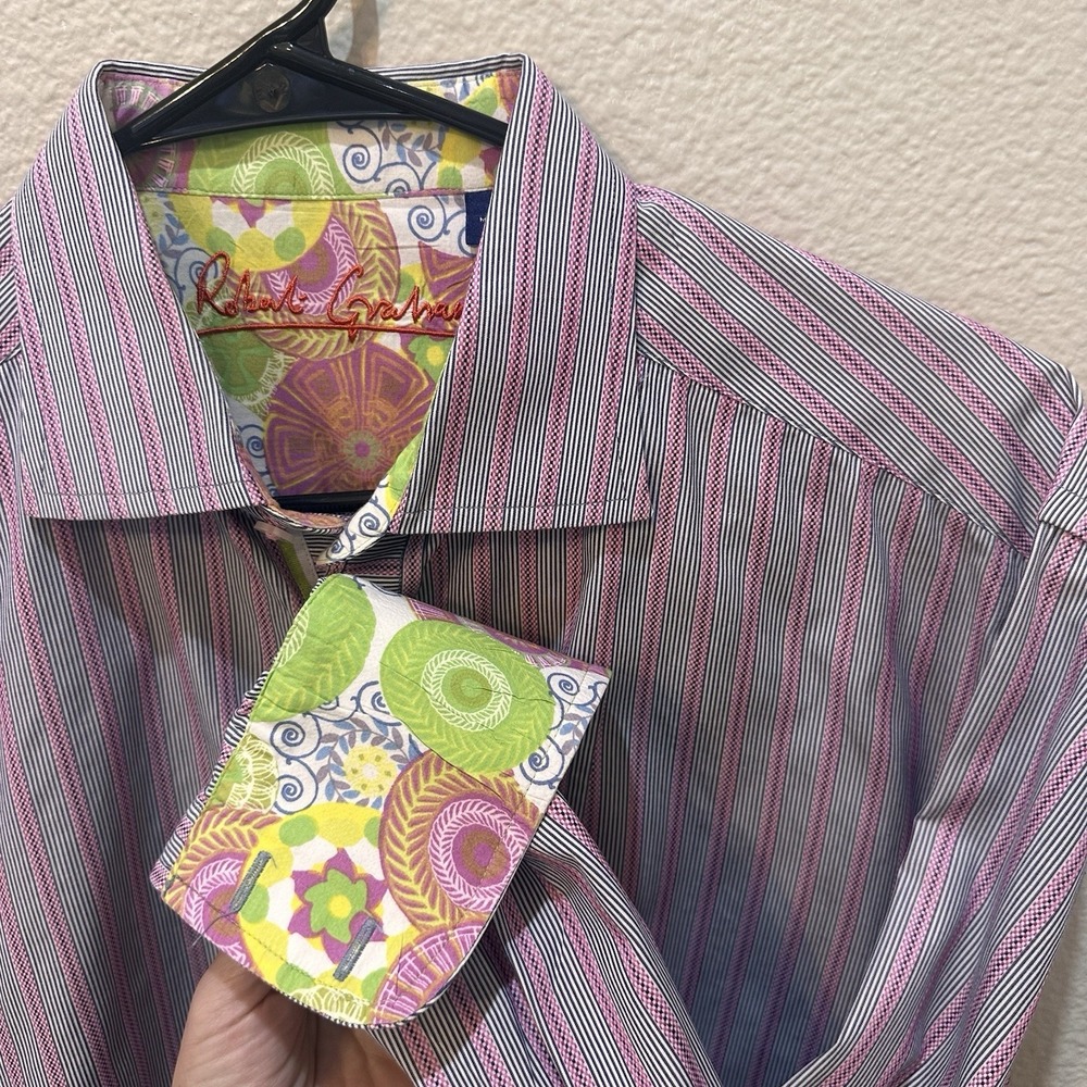 Robert Graham Shirt Mens L Gray Pink Striped Geometric Flip Cuff Preppy Whimsy